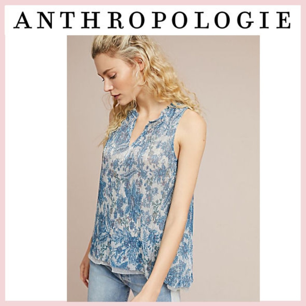 NWT Anthropologie Blue Silvery Tank Blouse NEW M L